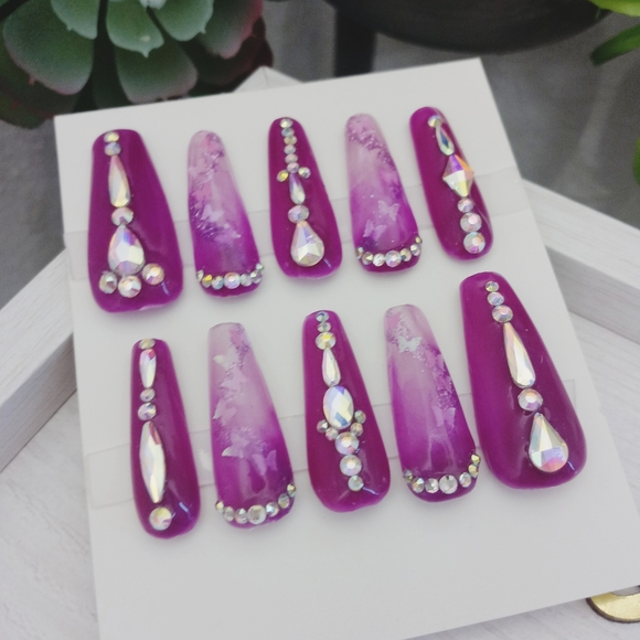 Full diamond set purple glow in the dark acrylic coffin nails - Picture 3 of 10